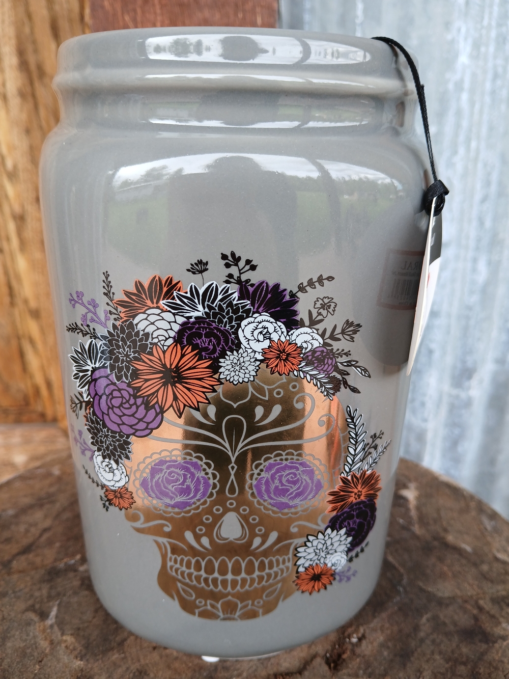 Gray Floral Sugar Skull Ceramic Jar - Home Accents